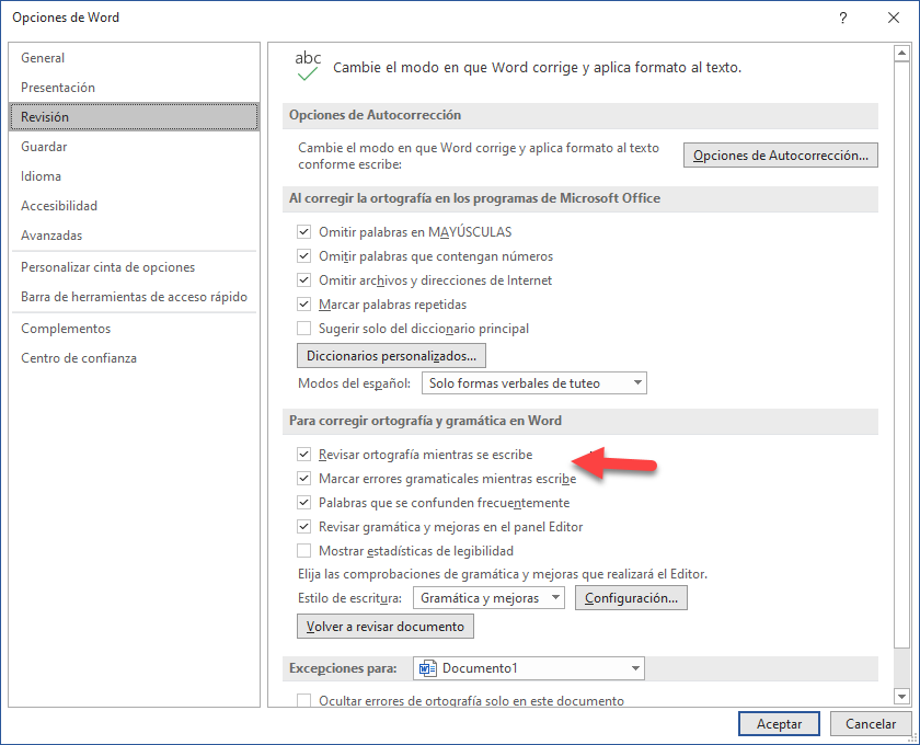 Opciones Revisión en Word