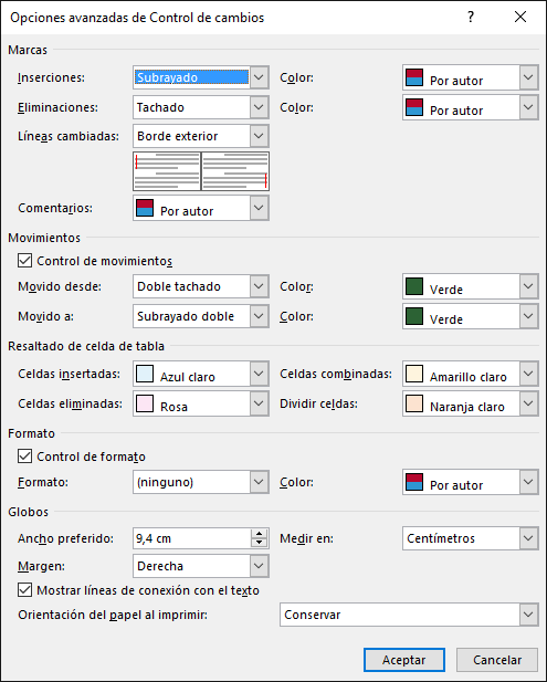 Opciones control de cambios