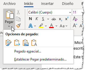 Opciones de pegado