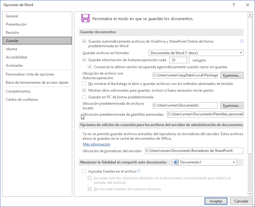 Opciones de Word, Guardar.