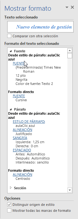 Panel Mostrar formato