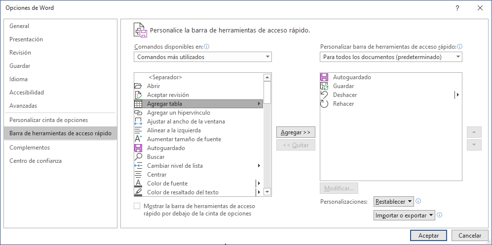 Personalizar barra de herramientas de acceso rápido