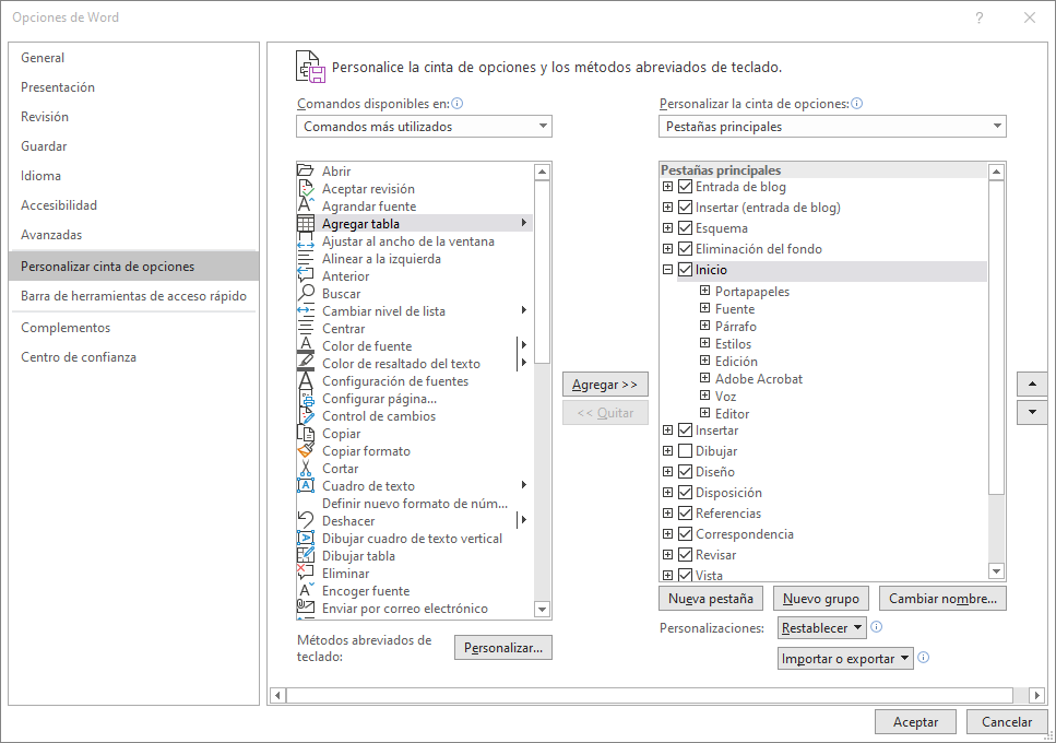 Personalizar cinta de opciones en Word