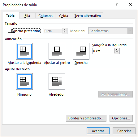 Propiedades de tabla