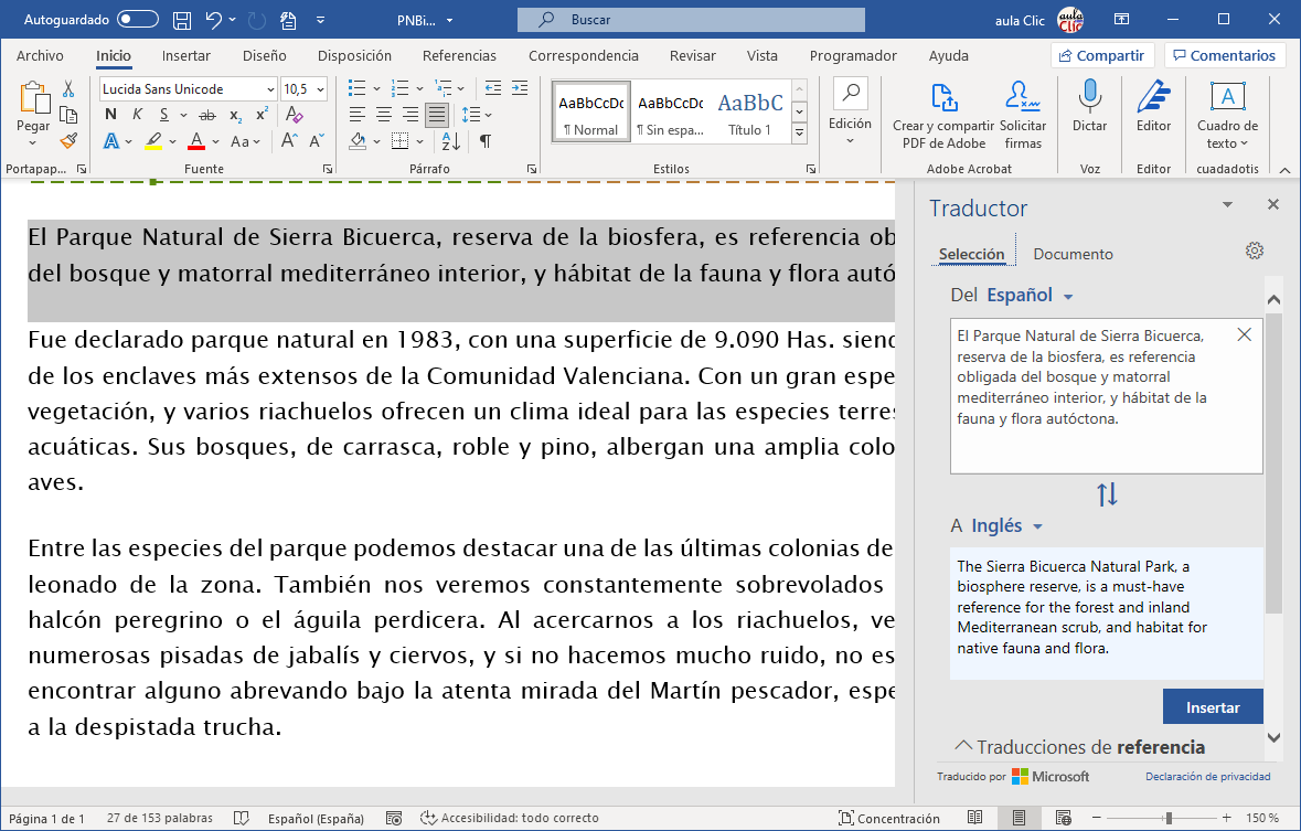 Panel Traducir en Word