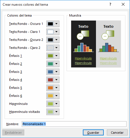 Ventana Crear nuevos colores del tema